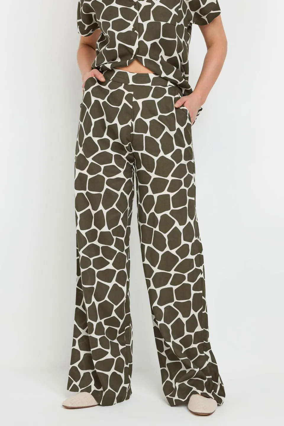 Trousers>Long Tall Sally Khaki Green Giraffe Print Wide Leg Trousers