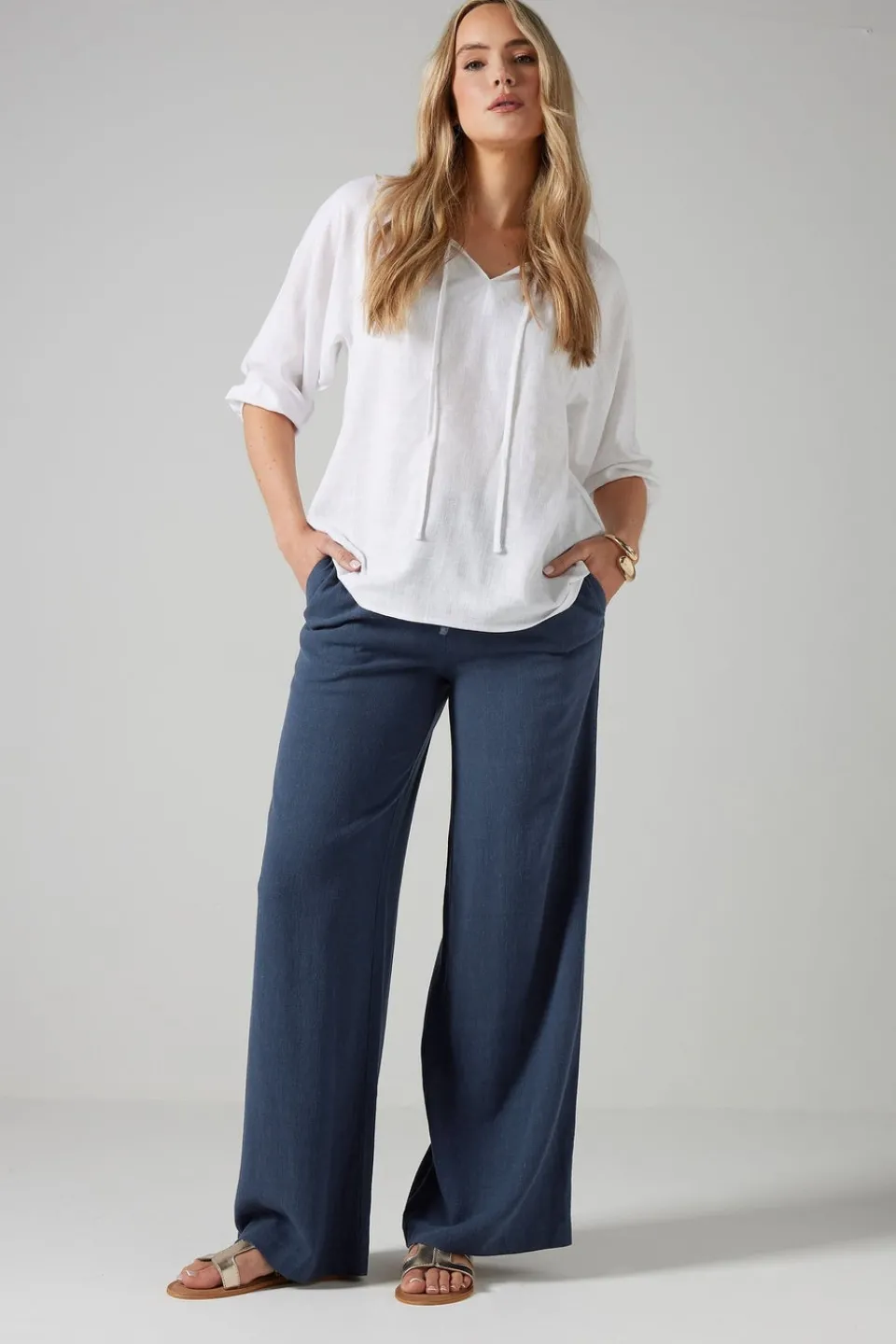 Trousers>Long Tall Sally Navy Blue Linen Tie Waist Trousers