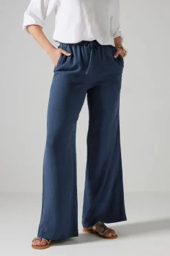 Trousers>Long Tall Sally Navy Blue Linen Tie Waist Trousers