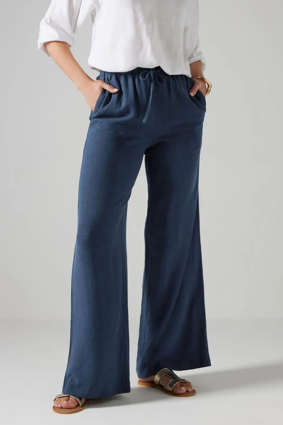 Trousers>Long Tall Sally Navy Blue Linen Tie Waist Trousers