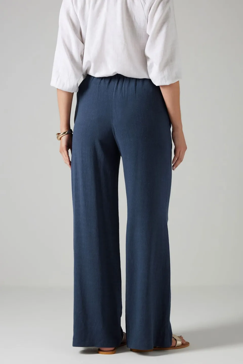 Trousers>Long Tall Sally Navy Blue Linen Tie Waist Trousers