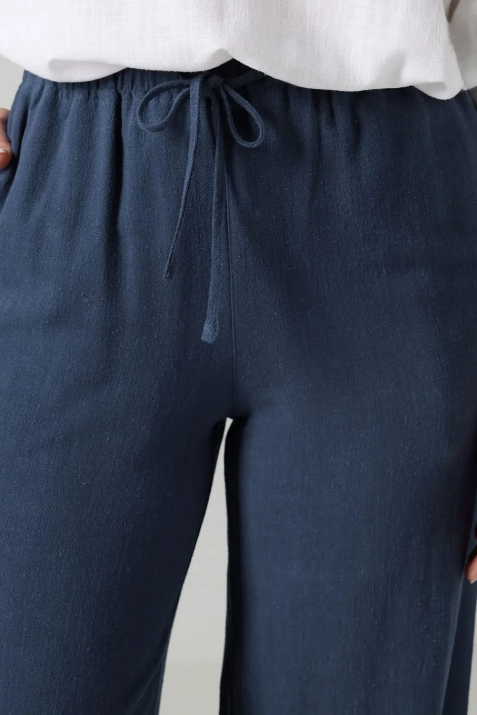 Trousers>Long Tall Sally Navy Blue Linen Tie Waist Trousers