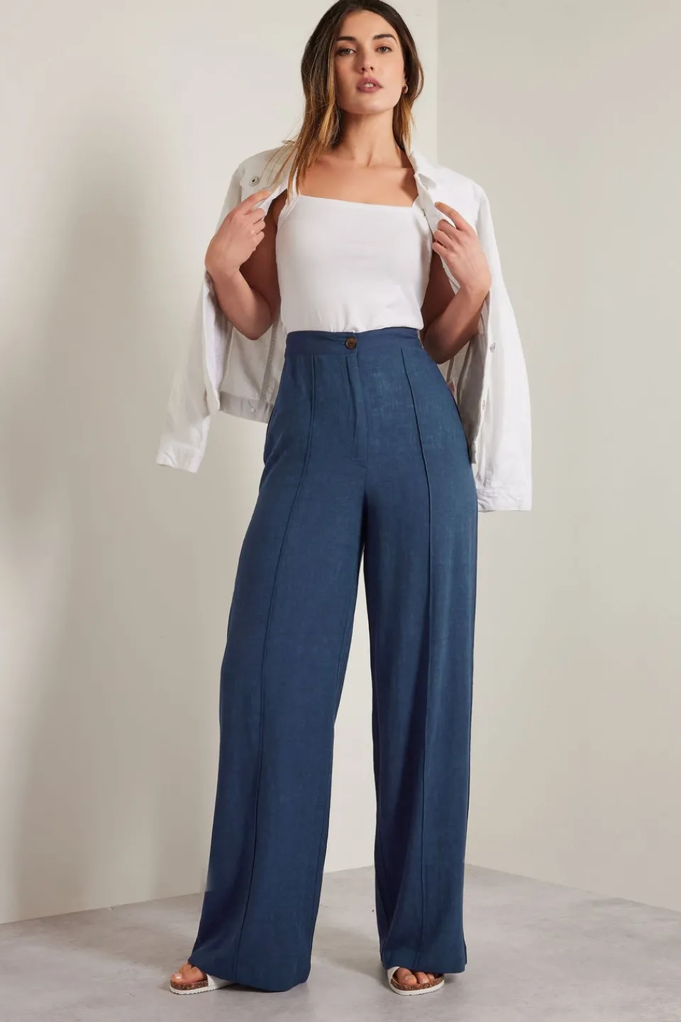 Trousers>Long Tall Sally Navy Blue Linen Pleated Wide Leg Trousers