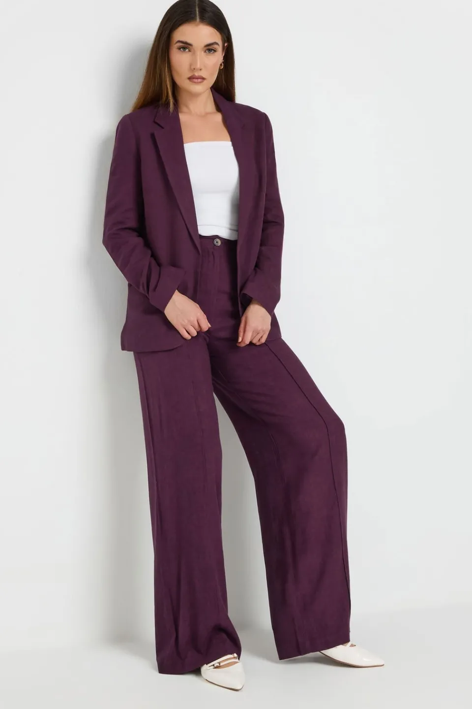 Trousers>Long Tall Sally Purple Linen Pleated Wide Leg Trousers