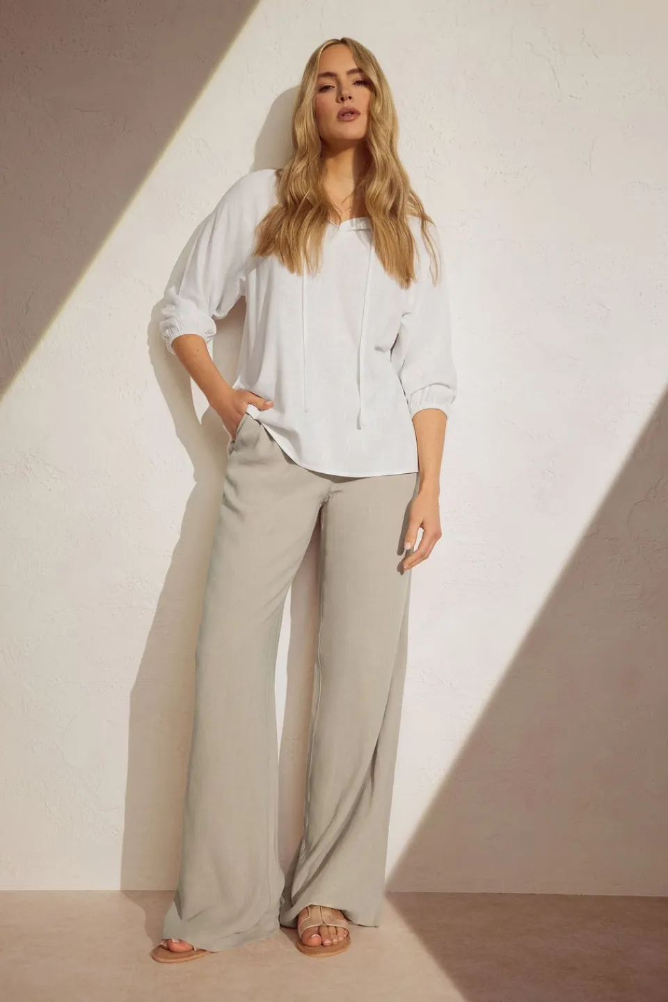Trousers>Long Tall Sally Stone Brown Linen Tie Waist Wide Leg Trousers