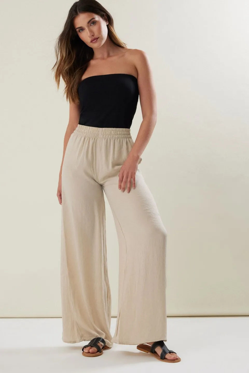 Trousers>Long Tall Sally Stone Brown Matt Satin Wide Leg Trousers