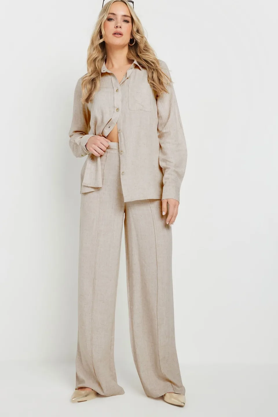 Trousers>Long Tall Sally Stone Brown Linen Pleated Wide Leg Trousers