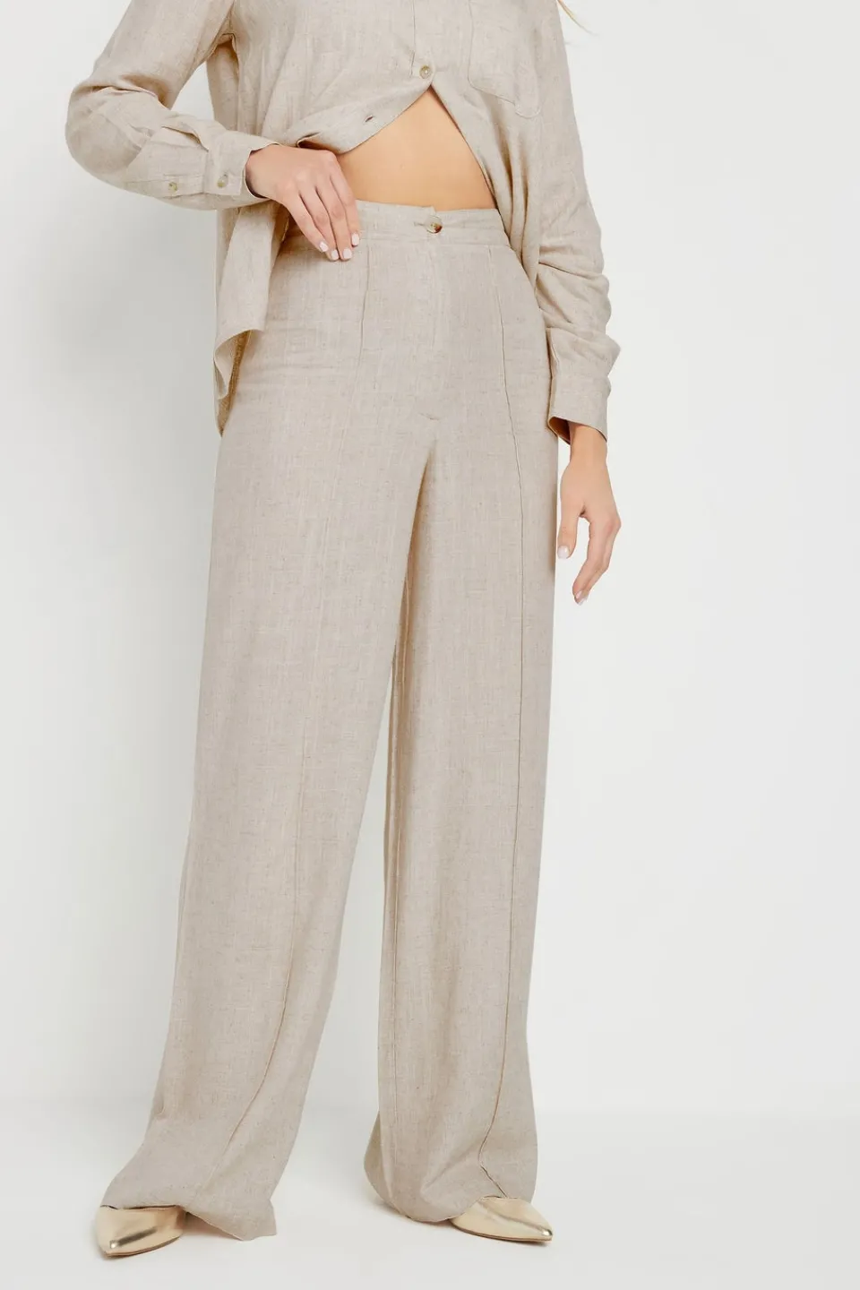 Trousers>Long Tall Sally Stone Brown Linen Pleated Wide Leg Trousers