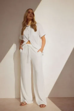 Trousers>Long Tall Sally White Linen Tie Waist Wide Leg Trousers