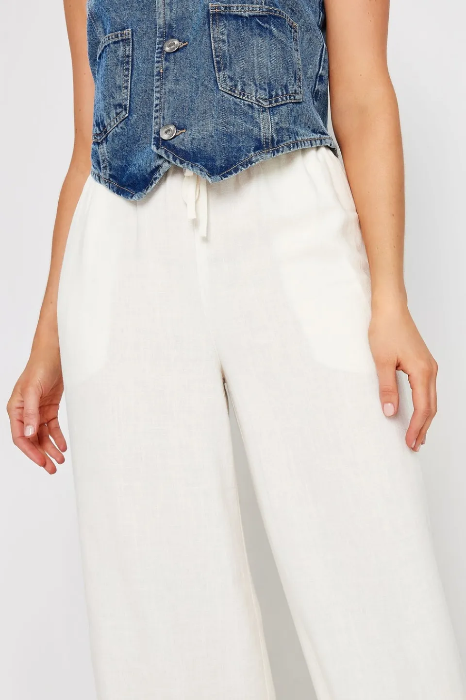 Trousers>Long Tall Sally White Linen Tie Waist Wide Leg Trousers