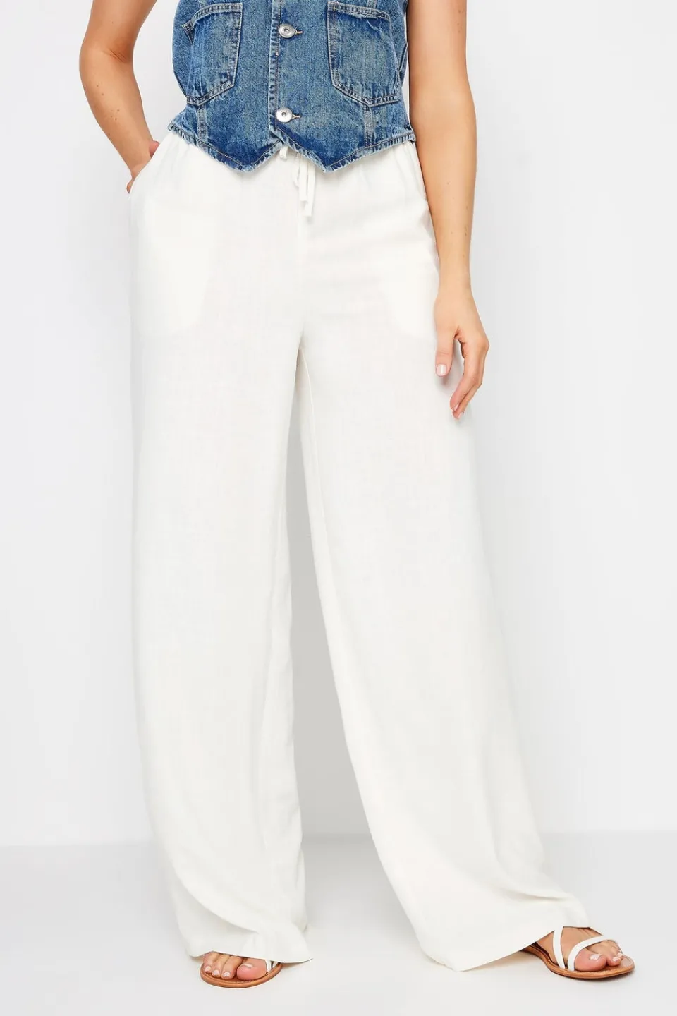 Trousers>Long Tall Sally White Linen Tie Waist Wide Leg Trousers
