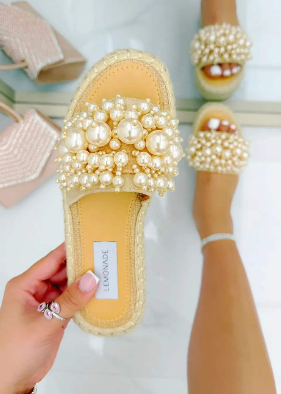 Footwear>Love Lemonade Beige Sparkly Deluxe Pretty Pearl Platform Sliders