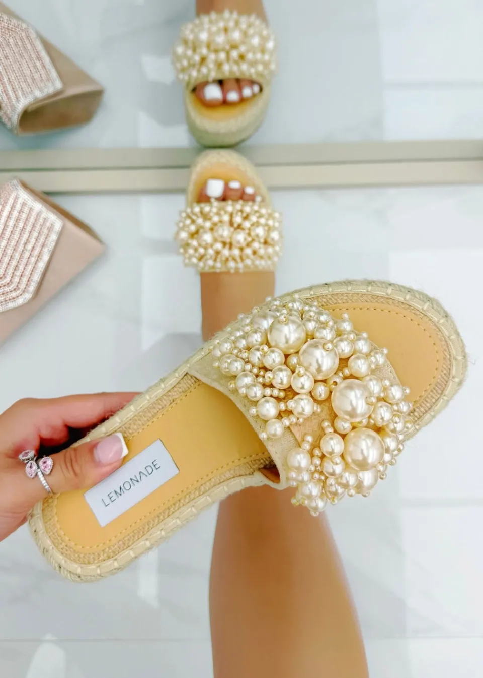 Footwear>Love Lemonade Beige Sparkly Deluxe Pretty Pearl Platform Sliders