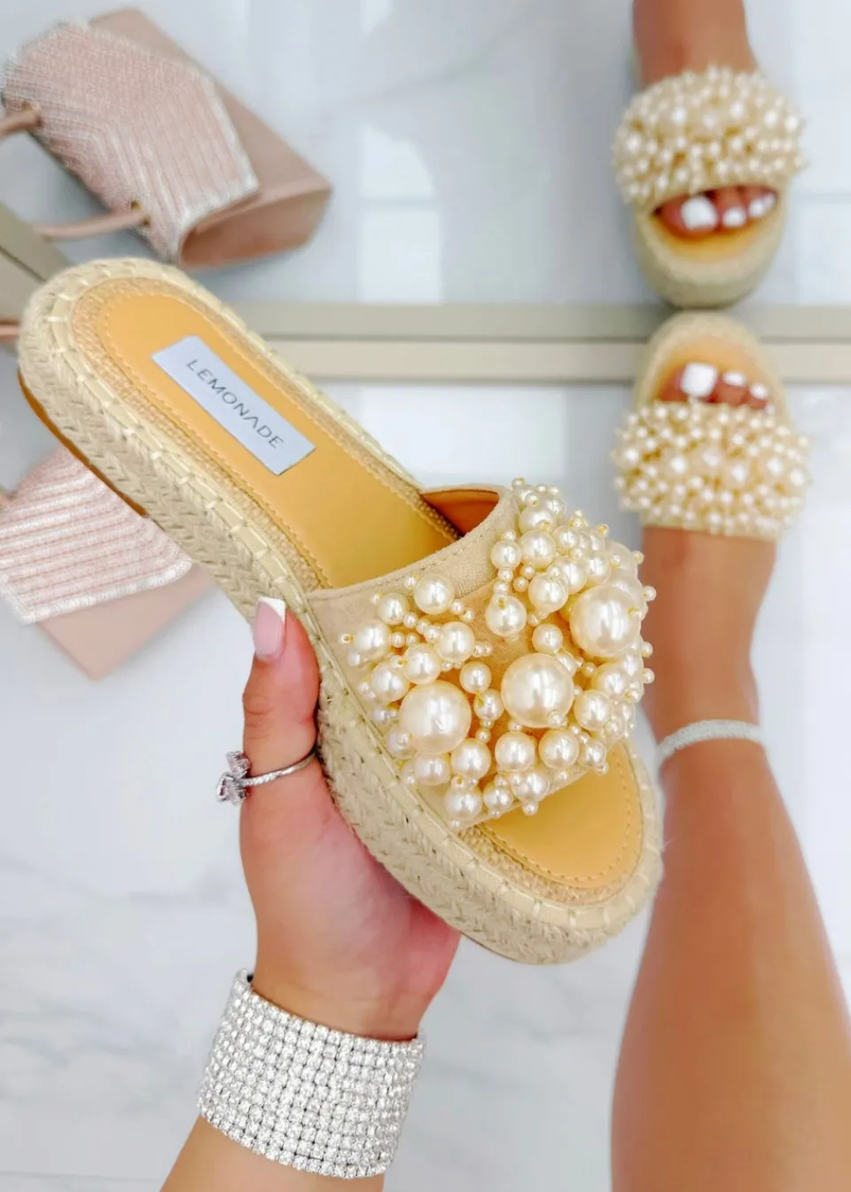 Footwear>Love Lemonade Beige Sparkly Deluxe Pretty Pearl Platform Sliders