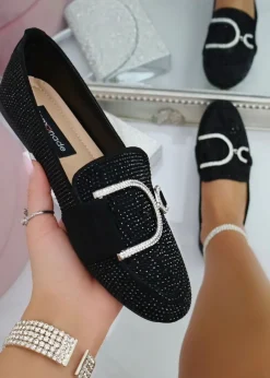 Footwear>Love Lemonade Black Crystal Imperial Suede Loafers