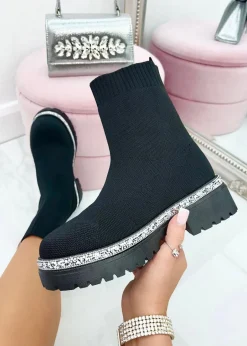 Footwear>Love Lemonade Black Sparkly Stretch Chunky Sock Boots