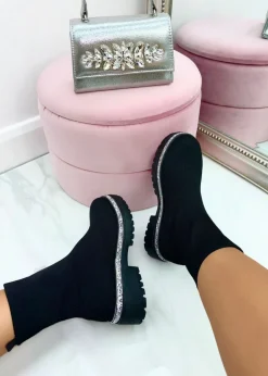 Footwear>Love Lemonade Black Sparkly Stretch Chunky Sock Boots