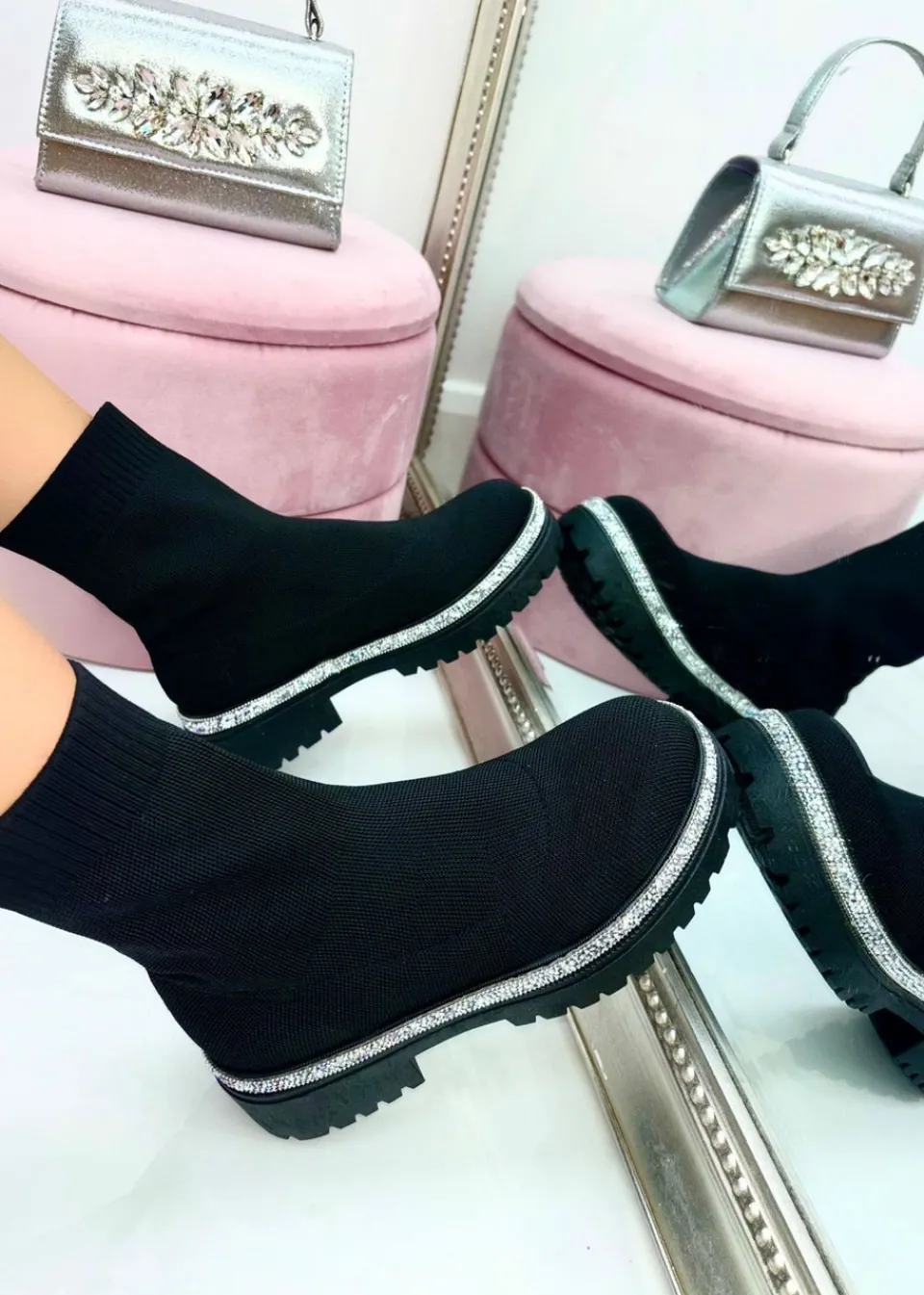 Footwear>Love Lemonade Black Sparkly Stretch Chunky Sock Boots
