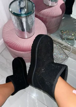Footwear>Love Lemonade Black Sparkly Rhinestone Snugg Mini Boots