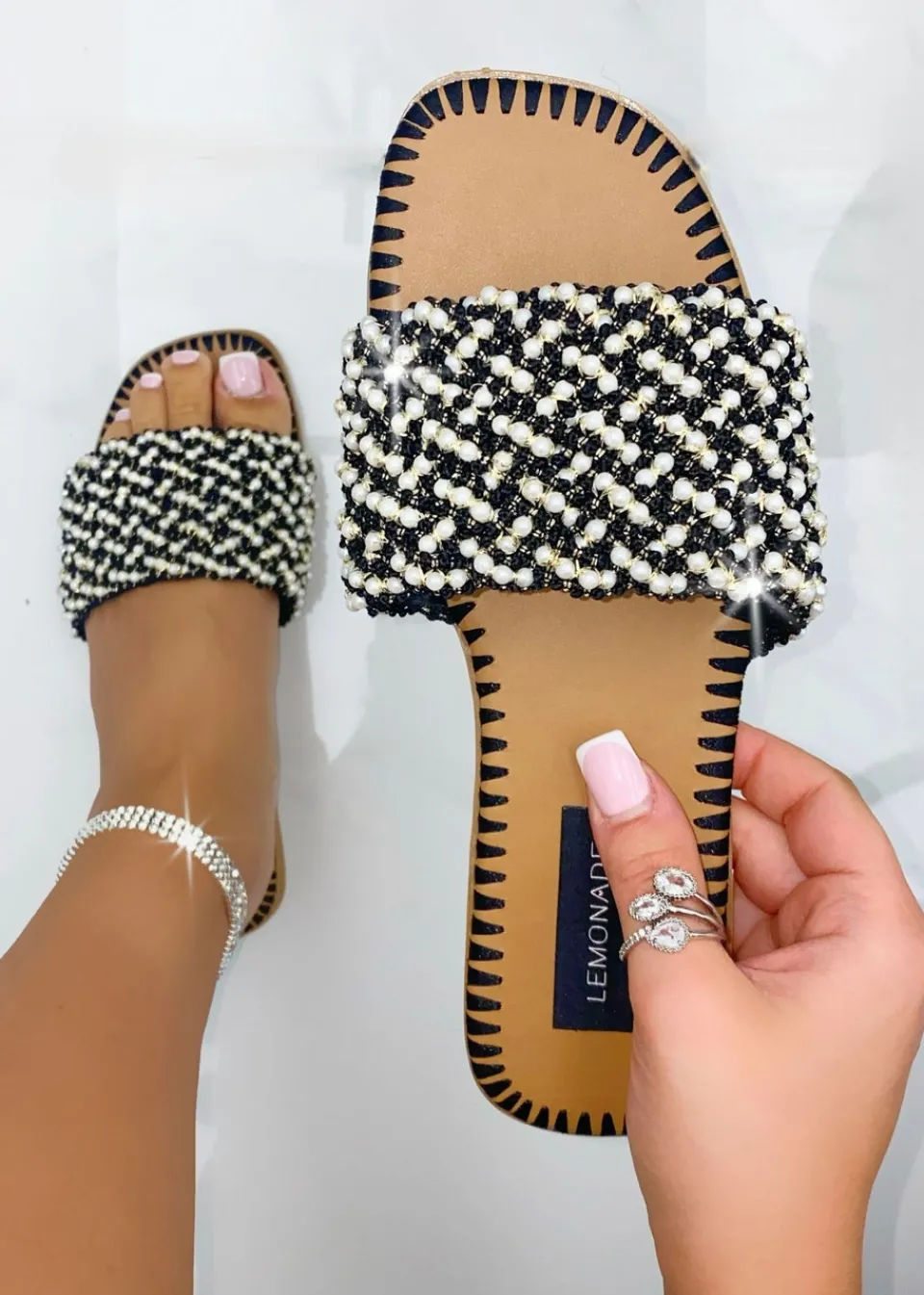 Footwear>Love Lemonade Black Sparkly Deluxe Dainty Pearl Sliders