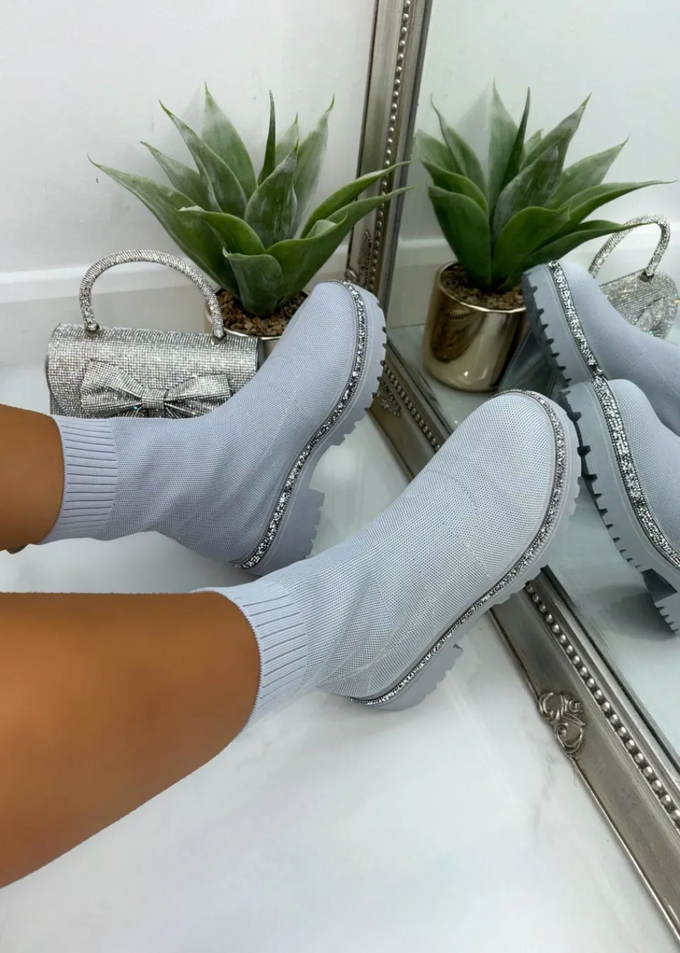 Footwear>Love Lemonade Grey Sparkly Stretch Chunky Sock Boots