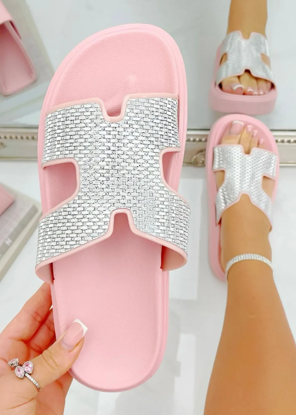 Footwear>Love Lemonade Pink Crystal Embellished Horizon Sliders
