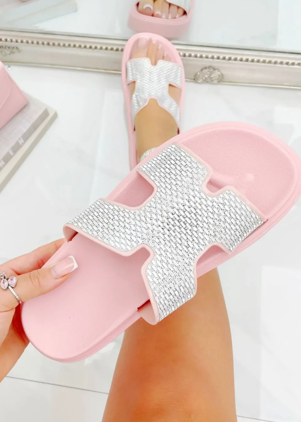 Footwear>Love Lemonade Pink Crystal Embellished Horizon Sliders