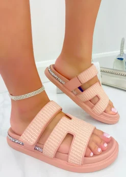 Footwear>Love Lemonade Pink Crystal Trim Double Strap Sliders
