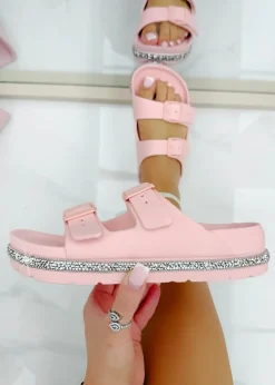 Footwear>Love Lemonade Pink Crystal Trim Lightweight Double Strap Sliders