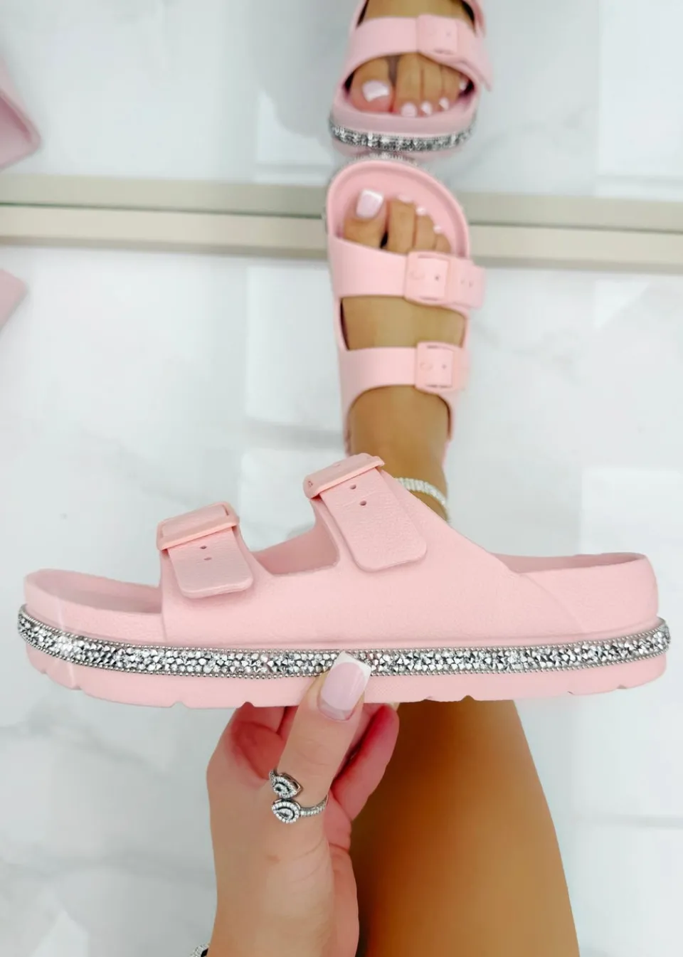 Footwear>Love Lemonade Pink Crystal Trim Lightweight Double Strap Sliders