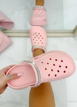 Footwear>Love Lemonade Pink Crystal Strap Platform Crox Clogs