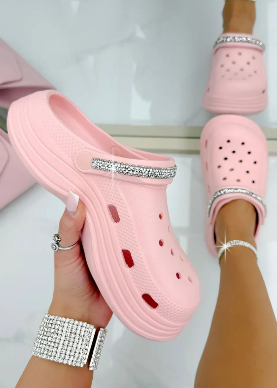 Footwear>Love Lemonade Pink Crystal Strap Platform Crox Clogs
