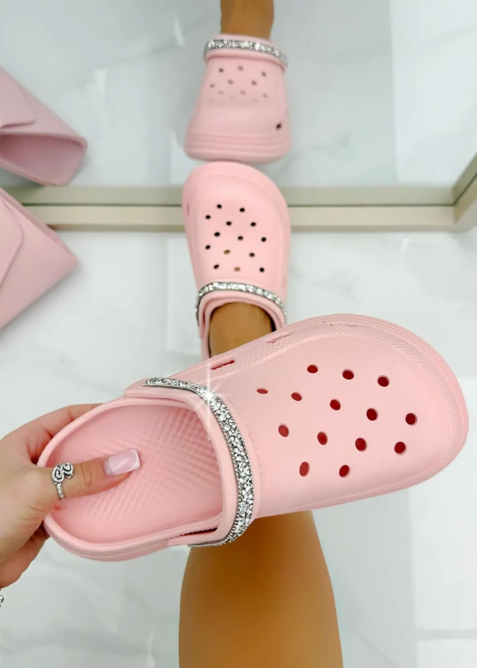 Footwear>Love Lemonade Pink Crystal Strap Platform Crox Clogs