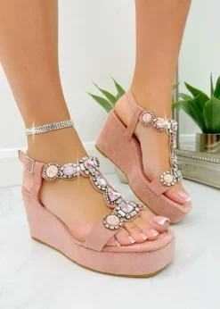 Footwear>Love Lemonade Pink Sparkly Crystal Cluster Wedge Sandals