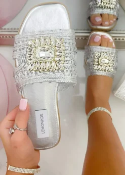 Footwear>Love Lemonade Silver Crystal Bloom Sliders