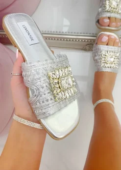 Footwear>Love Lemonade Silver Crystal Bloom Sliders