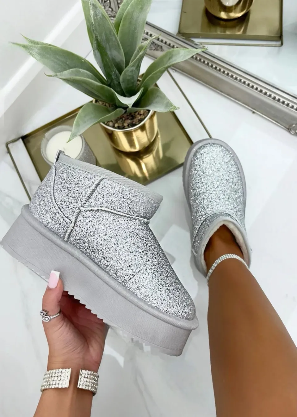 Footwear>Love Lemonade Silver Sparkly Glitter Snugg Platform Boots
