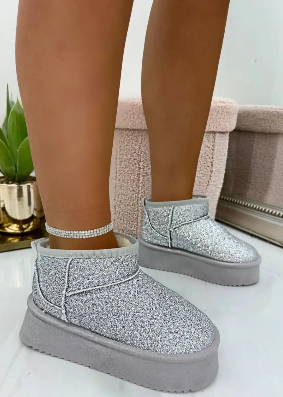 Footwear>Love Lemonade Silver Sparkly Glitter Snugg Platform Boots