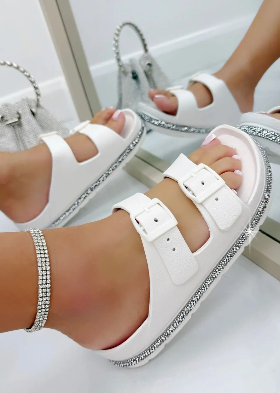 Footwear>Love Lemonade White Crystal Trim Lightweight Double Strap Sliders