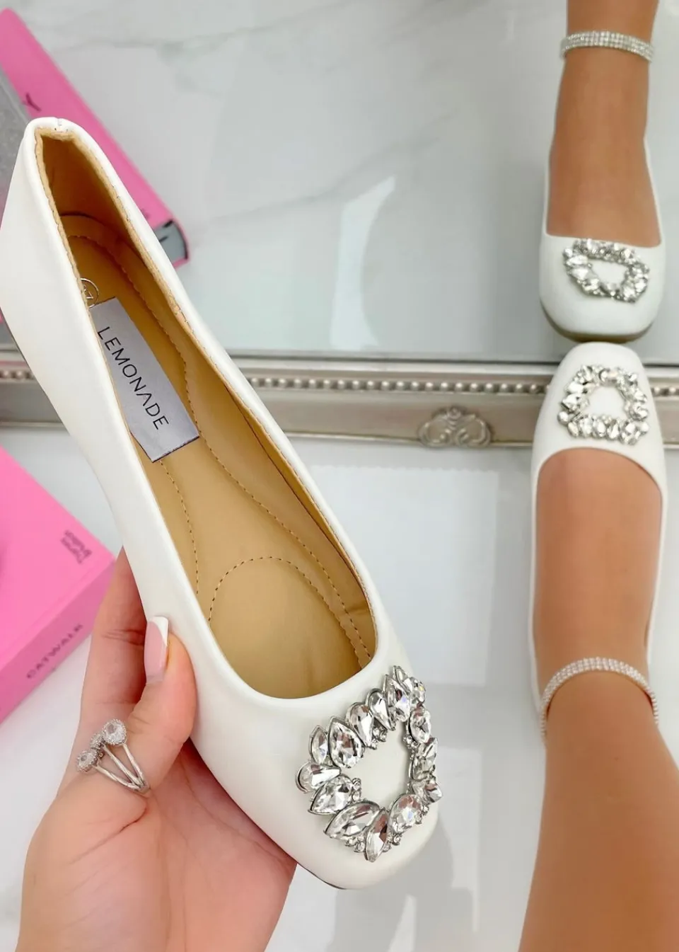 Footwear>Love Lemonade White Crystal Buckle Dainty Dolly Shoes