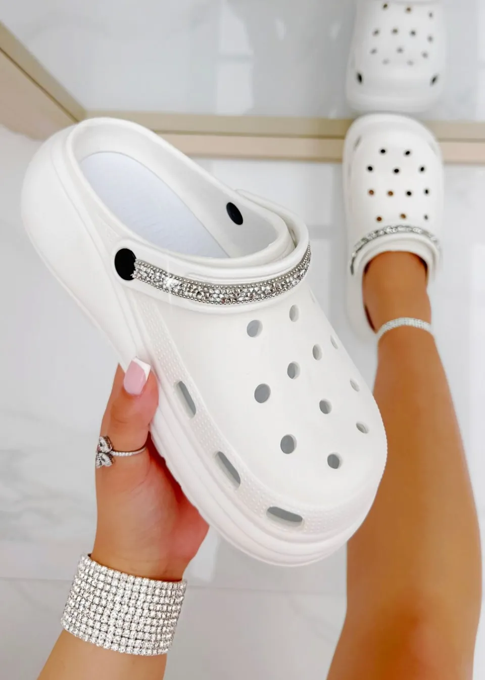 Footwear>Love Lemonade White Crystal Strap Platform Crox Clogs