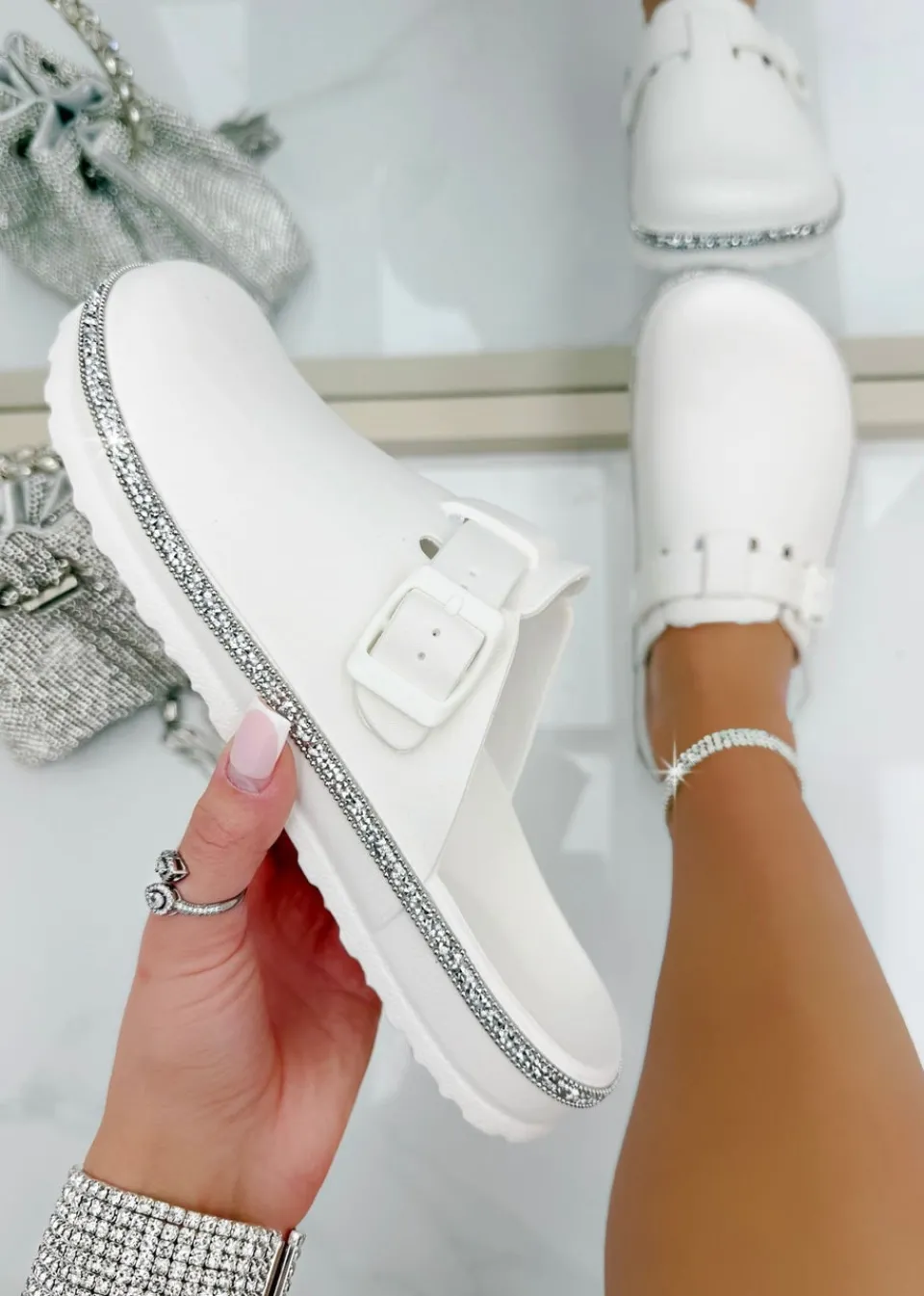 Footwear>Love Lemonade White Crystal Trim Luxe Lightweight Clogs