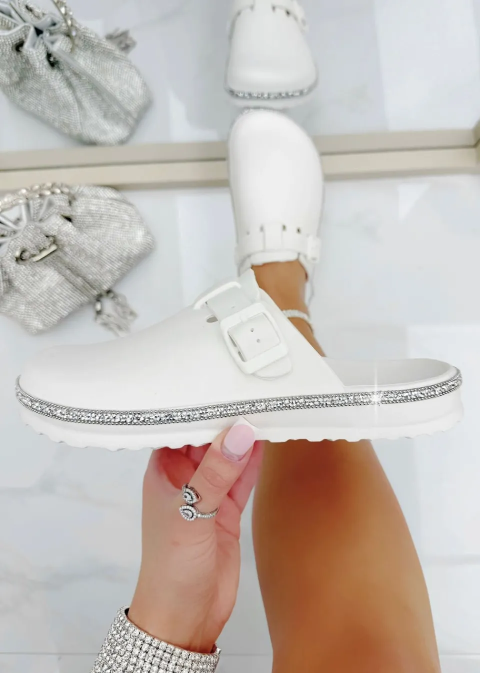 Footwear>Love Lemonade White Crystal Trim Luxe Lightweight Clogs