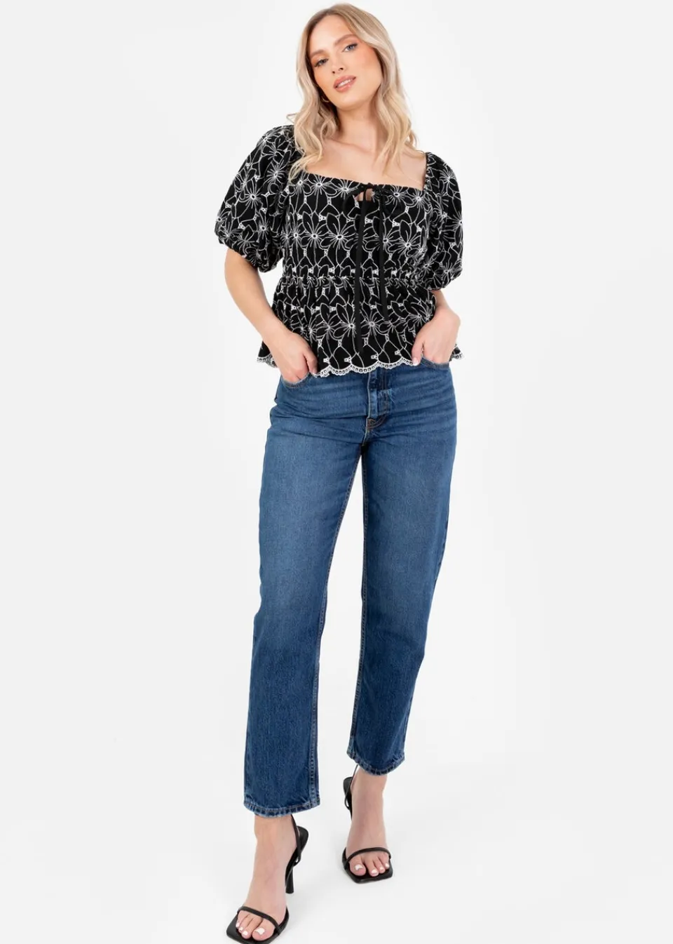 Tops>Lovedrobe Black Broderie Square Neck Short Puff Sleeve