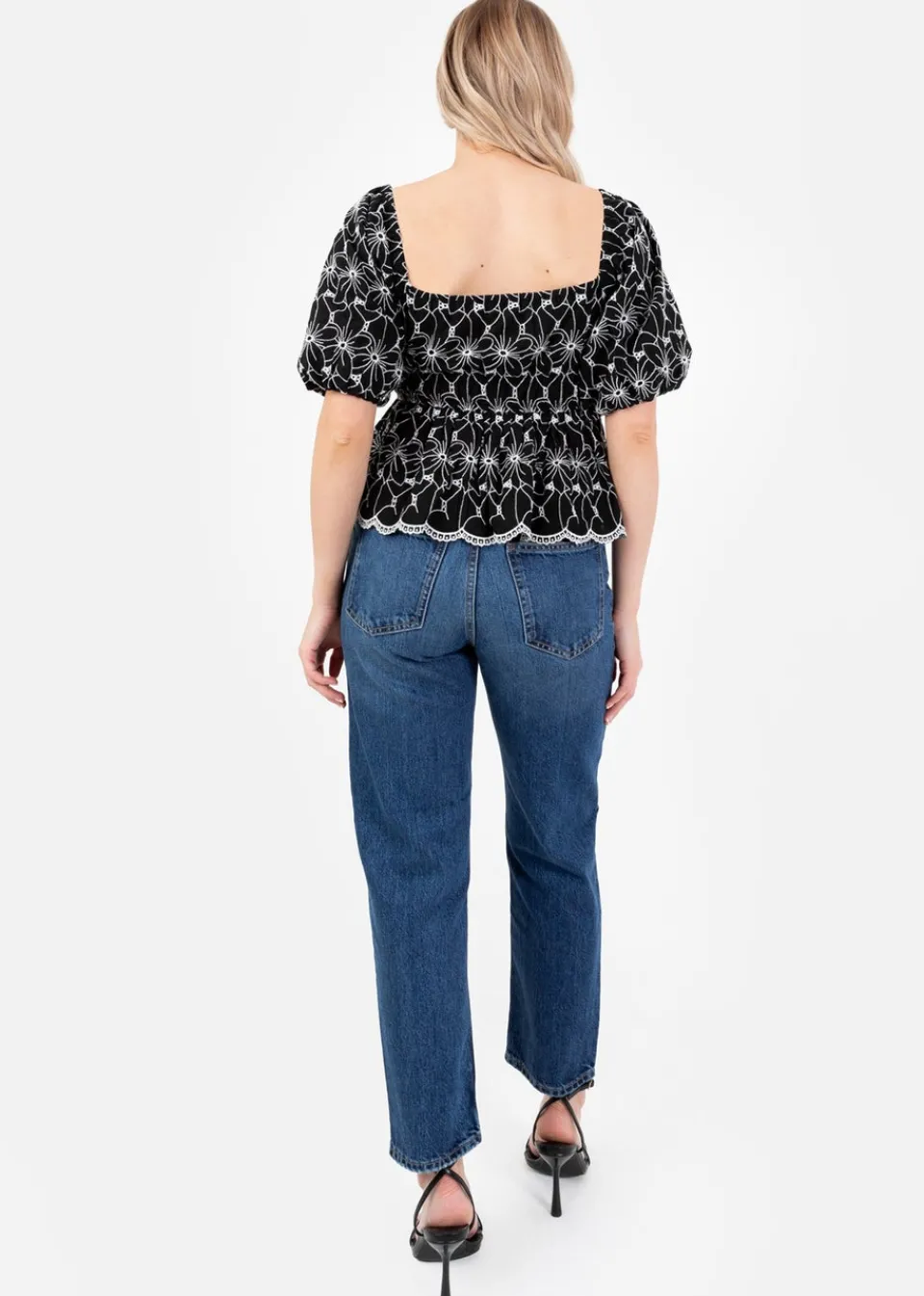 Tops>Lovedrobe Black Broderie Square Neck Short Puff Sleeve
