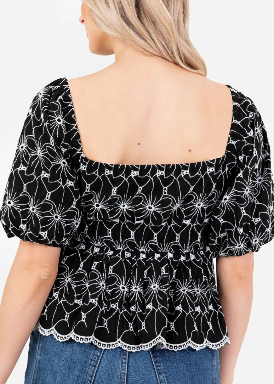 Tops>Lovedrobe Black Broderie Square Neck Short Puff Sleeve