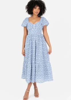Dresses>Lovedrobe Blue Short Puff Sleeve Midi Dress With Bow Detail