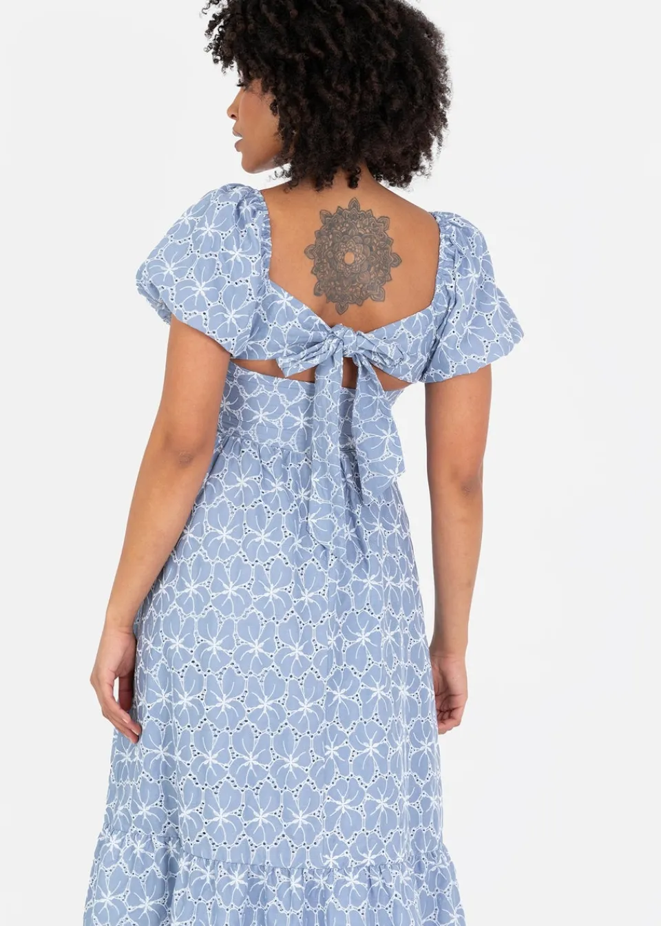 Dresses>Lovedrobe Blue Short Puff Sleeve Midi Dress With Bow Detail