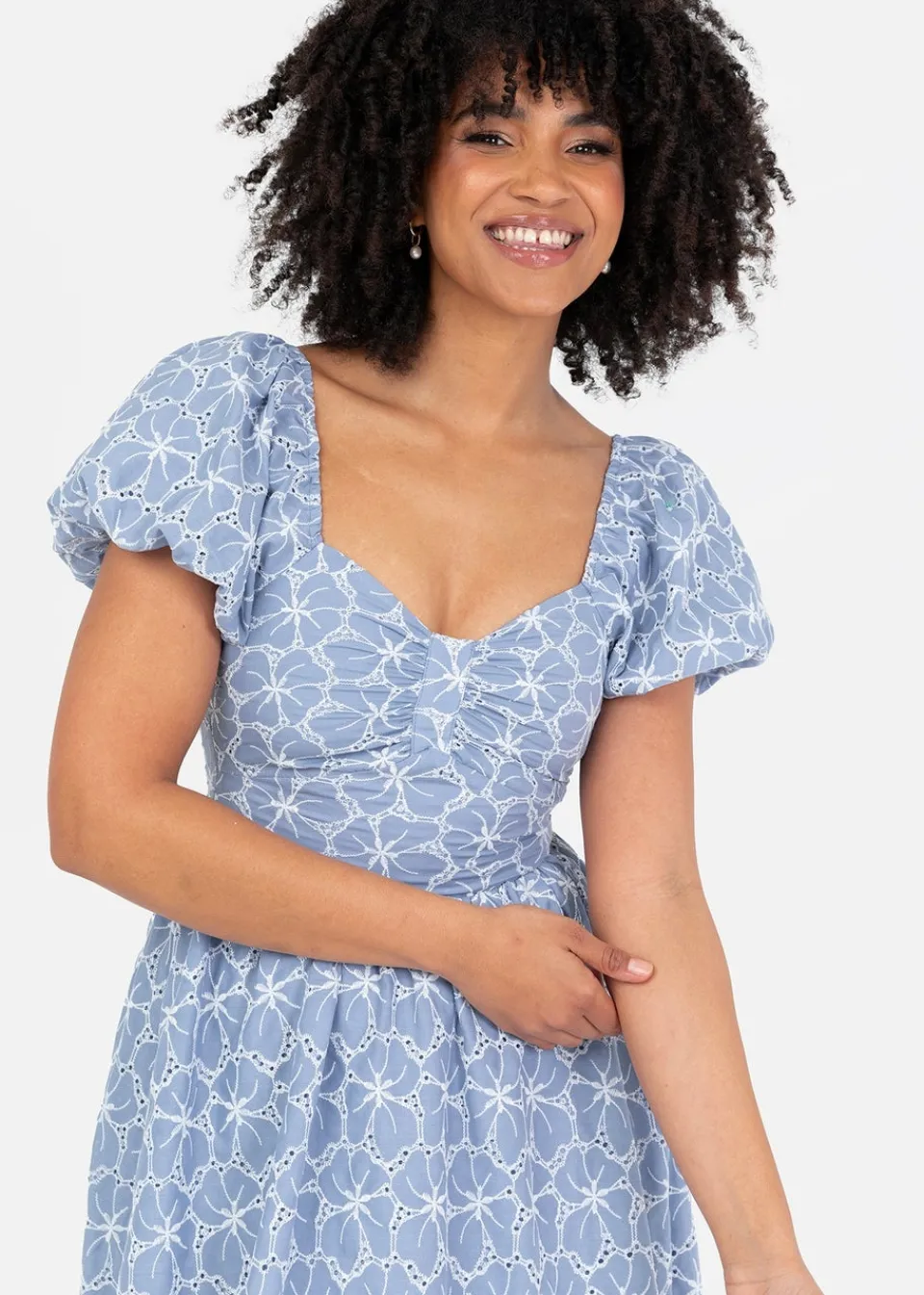 Dresses>Lovedrobe Blue Short Puff Sleeve Midi Dress With Bow Detail