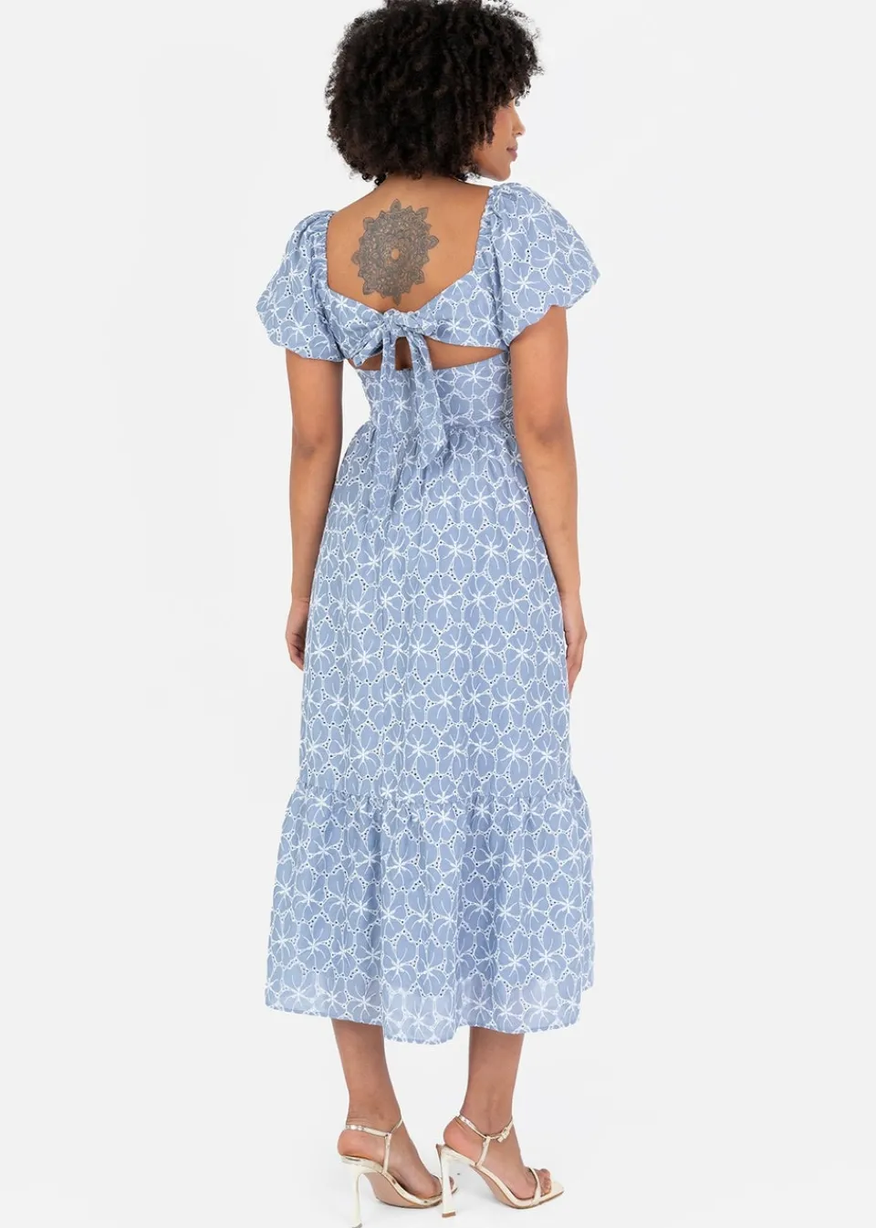 Dresses>Lovedrobe Blue Short Puff Sleeve Midi Dress With Bow Detail